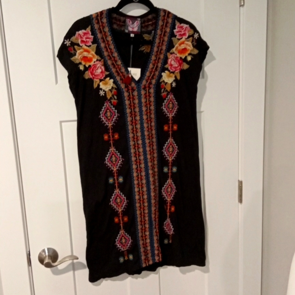 Johnny Was Vela Easy Knit Tunic Dress Embroidered Black Small